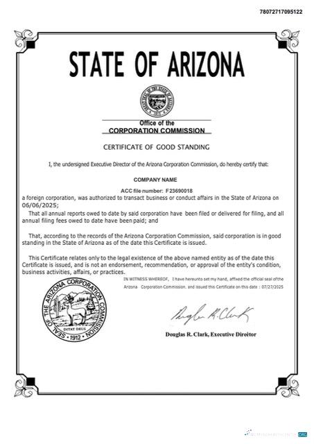 USA Arizona certificate of good standing Word and PDF template, version 2